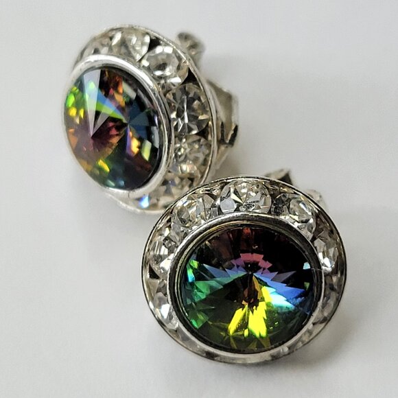 Green Clip On Earrings, Small Round Aurora Color Crystal Tiny ClipOns Earrings - Picture 2 of 4